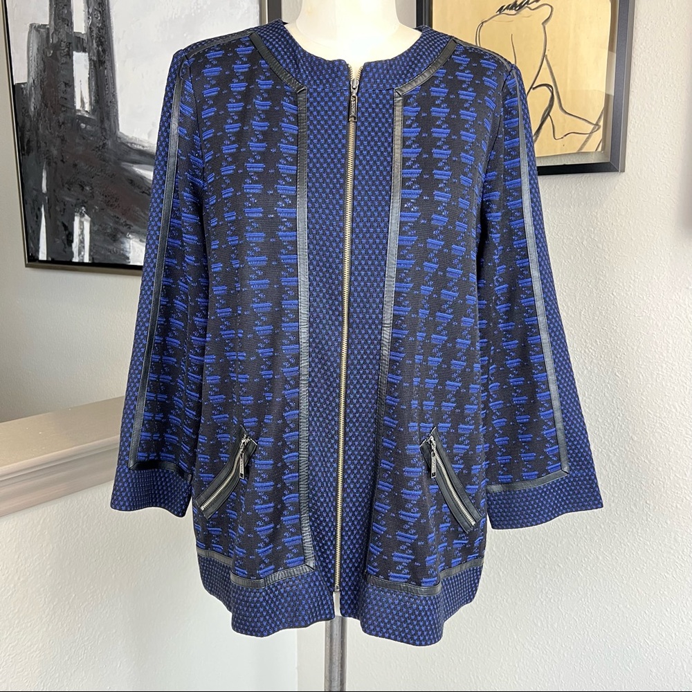MISOOK black and blue patterned knit jacket with leather trim & pocket zippers